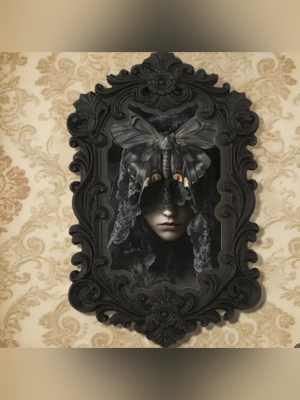 Gothic Black Ornate Resin Framed Moth Portrait